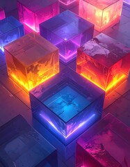 A vibrant arrangement of translucent cubes, illuminated by bright neon lights, creating a striking and dynamic visual display.