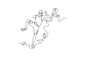 Continuous one line drawing bravery man climbing a steep cliff from behind, symbolizing strength, determination, and thrill of the vertical ascent. Single line draw design vector graphic illustration