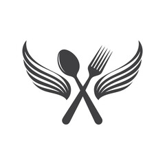 Dark grey crossed spoon and fork with stylized wings on white background vector