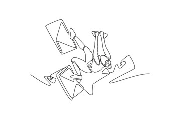 Single continuous line drawing female climbing overhanging cliff in challenging, inverted pose, representing courage required to conquer a rock wall. One line draw graphic design vector illustration