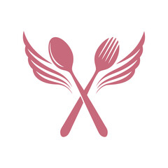 Pink spoon and fork crossed with stylized wings vector graphic