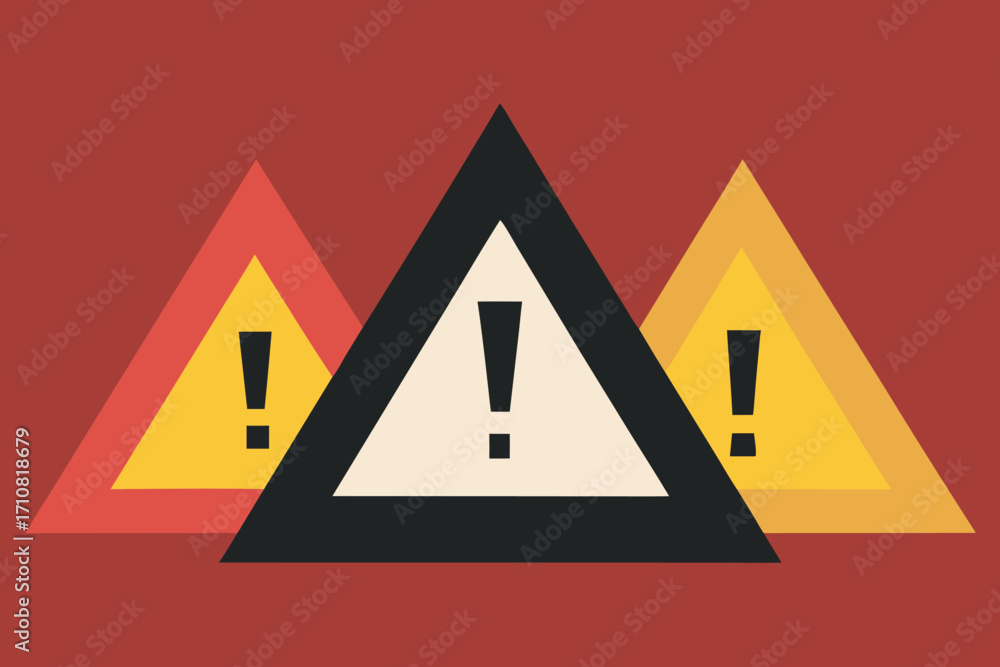 Poster set of three geometric warning triangle icons with alert symbols