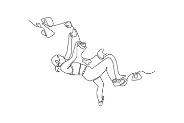 Single continuous line drawing woman climbing an overhanging cliff in a challenging, inverted pose, representing concentration to conquer a rock wall. One line draw graphic design vector illustration