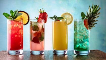 Summer Drink Four Colorful Cocktails With Garnishes Including Mint Pineapple Strawberry And Lemon In Different Glass Styles