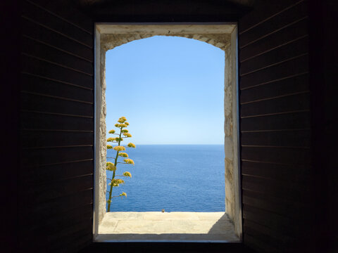 Fototapeta Adriatic see from a window in the walls of Dubrovnik, Croatia