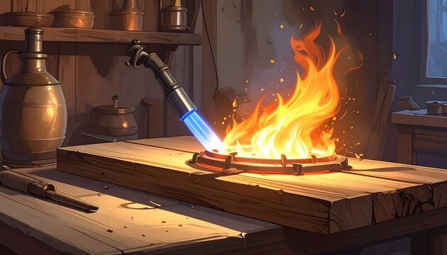 A vibrant depiction of a blacksmith's forge, showcasing a roaring fire and a detailed metalworking scene.