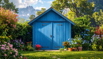 A vibrant garden scene showcases a charming blue shed nestled amongst colorful flowers and lush greenery, bathed in the sunlight of a beautiful summer day.