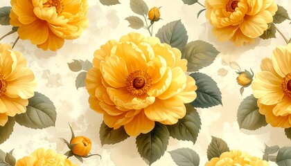 A vibrant floral pattern features large, detailed yellow blossoms, accented by dark-green leaves, on a light beige background with subtle textures.