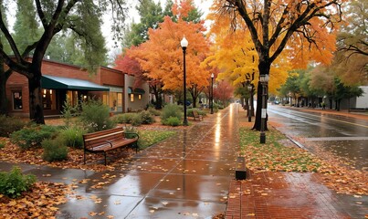 Rainy Autumn Street Scene with Vibrant Leaves, Reflective Pavement, and Calming Atmosphere.