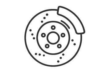 Brake disc icon. Automobile braking system symbol. Car service and repair part. Vehicle safety element. Mechanical spare part. Linear outline vector illustration of a rotor and caliper.