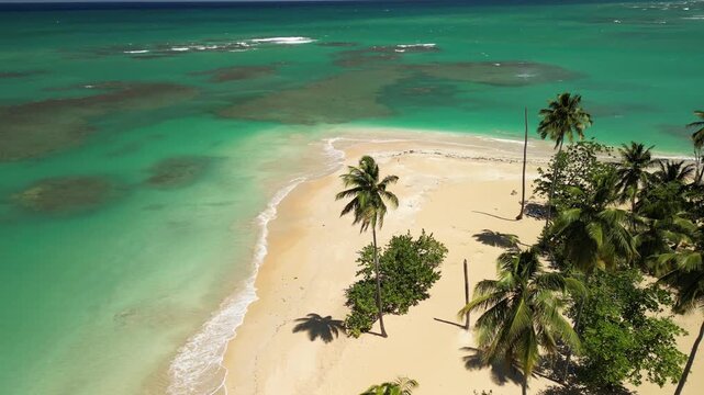Wide 4K aerial of Punta Popy Beach &mdash; emerald waters and sandy coast in vivid daylight. Great for wellness and relaxation videos