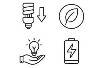 Energy saving and green power icon set. Vector linear symbols for electricity, battery charging, and eco-friendly concepts. Lightbulb idea and leaf icon for sustainability.