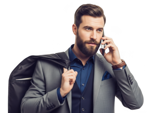 Man in suit talking on phone holding jacket isolated on transparent background