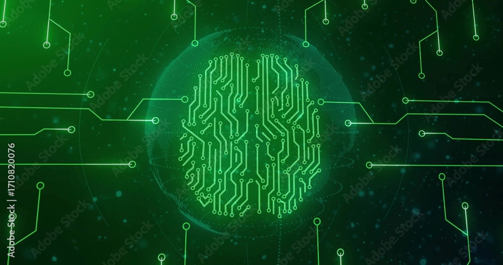 Aufkleber glowing neon green circuit brain inside dotted mesh sphere pulsing on dark green network background