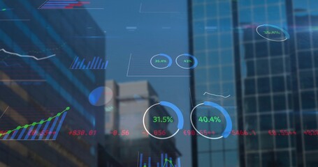 Displaying data overlay hovering above city skyline with glass skyscrapers and progress charts