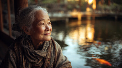Peaceful elderly woman in a textured shawl by a koi pond, golden sunset reflections and blurred wooden garden behind, close portrait with gentle smile, concept of graceful aging and mindfulness