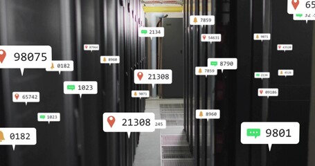 Showing data center corridor with black server racks, overhead conduits, floating digital labels