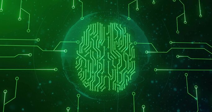 Glowing neon green circuit brain inside dotted mesh sphere pulsing on dark green network background