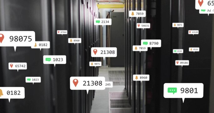 Showing data center corridor with black server racks, overhead conduits, floating digital labels
