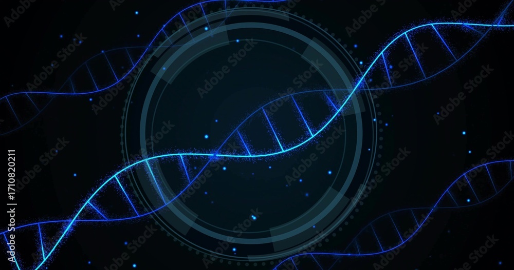 Poster twisting central glowing dna double helix across circular hud interface, with scattered particles