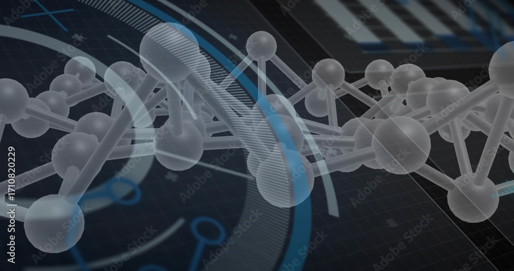 Poster displaying molecular chain in virtual lab, showing translucent spheres, rods and interface graphics