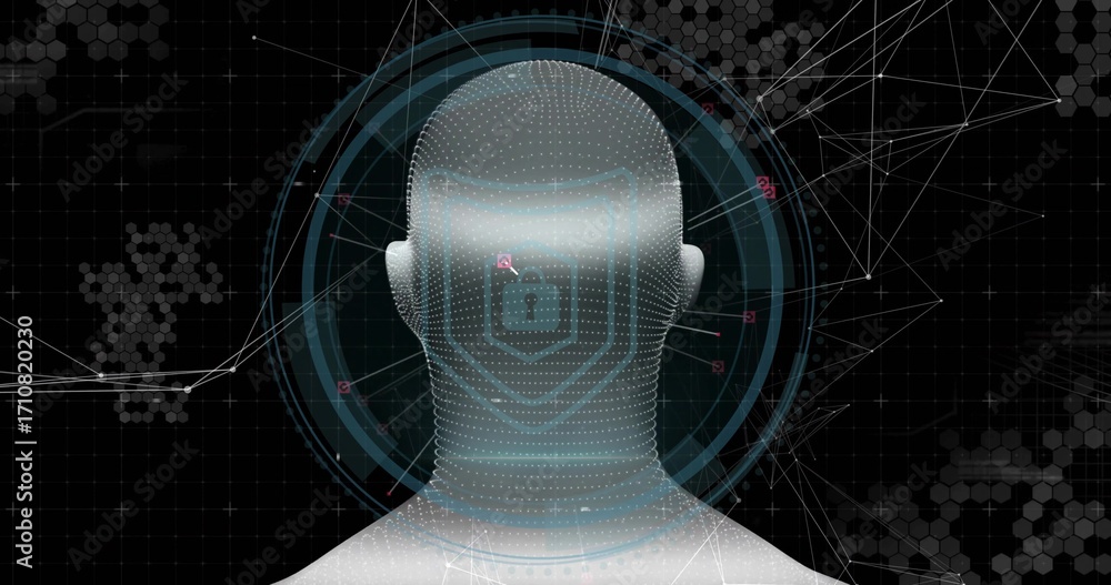 Poster 3d head silhouette rotating in virtual interface, with hud rings, hexagon grid and network nodes
