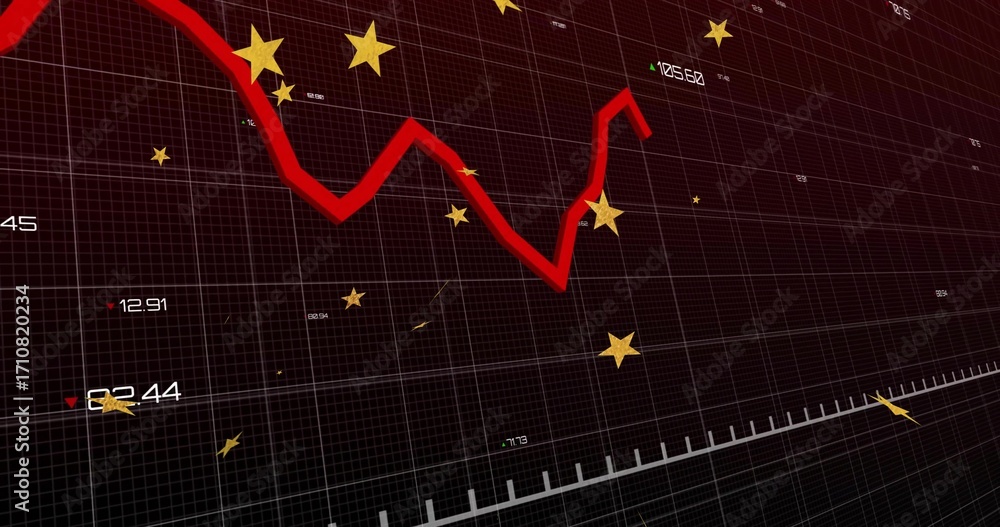 Poster displaying red jagged line graph trending down then up on digital grid with numbers, golden stars
