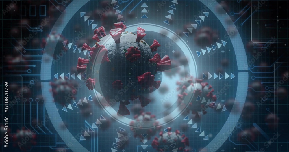 Poster displaying virus particle floating within lab interface, with red spikes, data rings and arrows