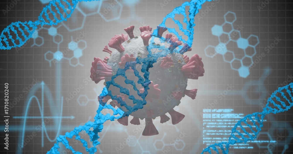 Poster floating virus with spikes across lab ui, with dna strands, grid overlay, waveform and data overlay