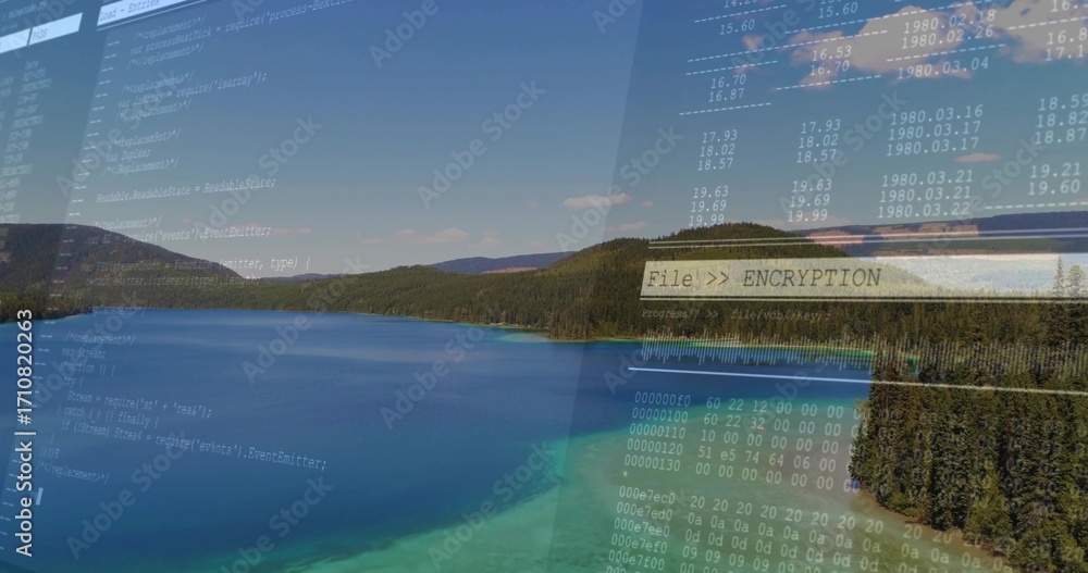 Poster merging mountain lake showing code snippets and hex data on lakeshore with encryption overlay