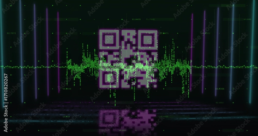 Poster hovering magenta qr code over reflective plane, with green waveform grid, neon bars and data points