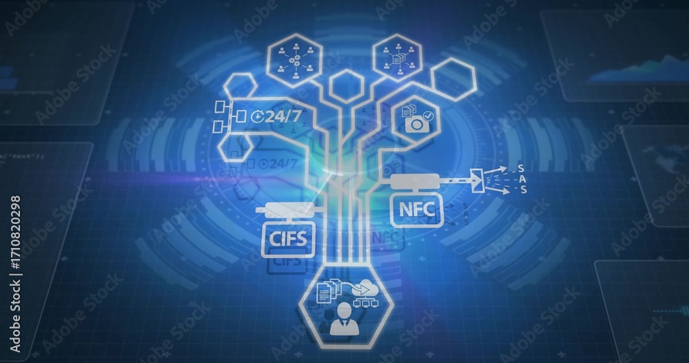 Poster displaying network diagram over dark blue grid, user icon, hex nodes and protocol labels