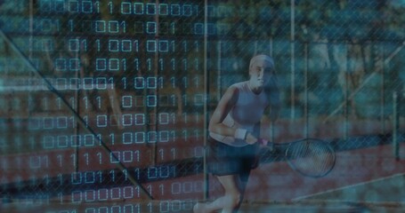 Holding racket tennis player in headband preparing shot on court in binary code overlay, copy space