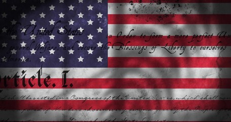 Showing weathered American flag with constitutional script overlay and tree-branch shadows