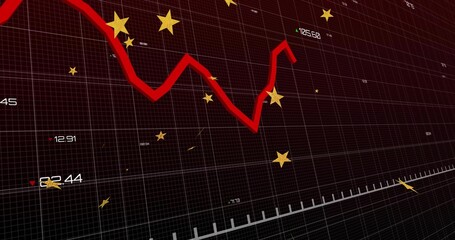 Displaying red jagged line graph trending down then up on digital grid with numbers, golden stars