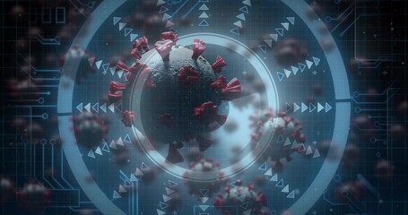 Displaying virus particle floating within lab interface, with red spikes, data rings and arrows
