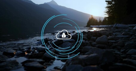 Displaying digital cloud icon with padlock hovering over lake shore at dawn, pines, blue data rings