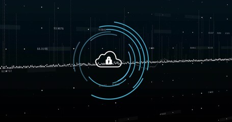 Displaying central cloud icon securing with padlock in interface with concentric rings and waveform