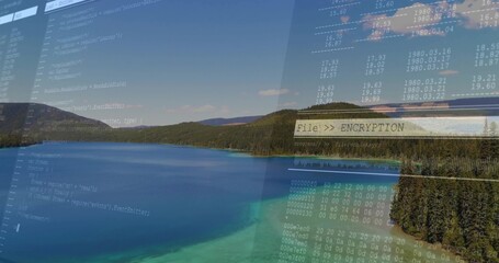 Merging mountain lake showing code snippets and hex data on lakeshore with encryption overlay
