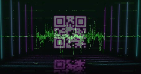 Hovering magenta QR code over reflective plane, with green waveform grid, neon bars and data points