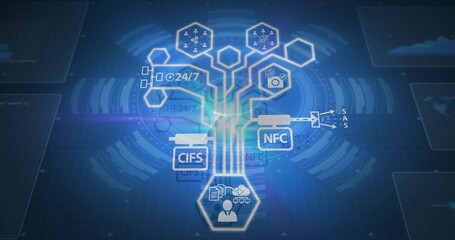 Displaying network diagram over dark blue grid, user icon, hex nodes and protocol labels