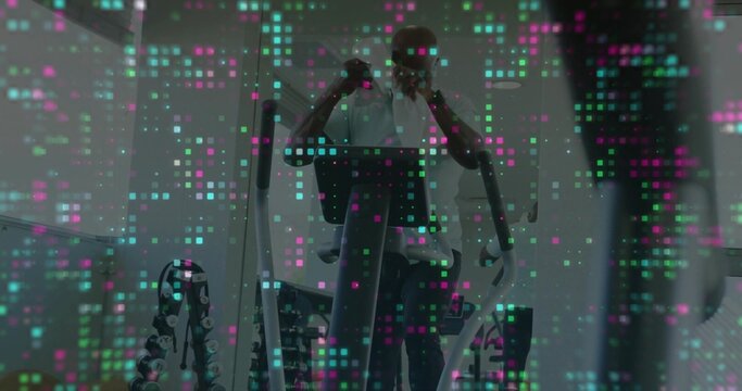 Holding smartphone while pedaling elliptical in home gym, with dumbbell rack, pixel overlay