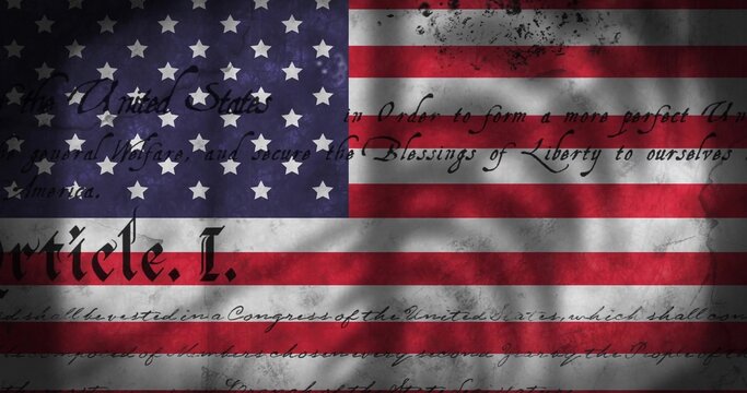 Naklejki Showing weathered American flag with constitutional script overlay and tree-branch shadows
