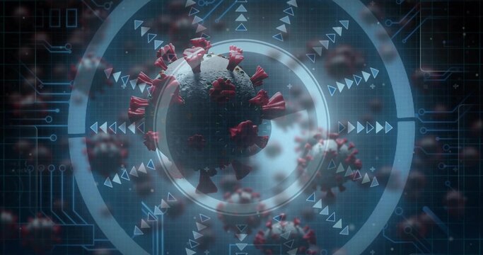 Displaying virus particle floating within lab interface, with red spikes, data rings and arrows - Powered by Adobe