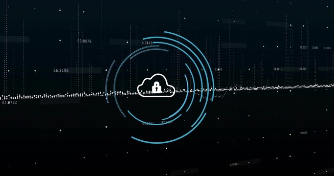 Displaying central cloud icon securing with padlock in interface with concentric rings and waveform