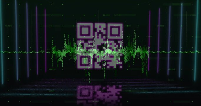 Hovering magenta QR code over reflective plane, with green waveform grid, neon bars and data points