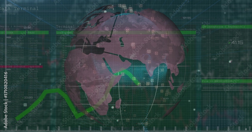 Fototapete displaying 3d data globe on dashboard with network lines over code grid and green graphs