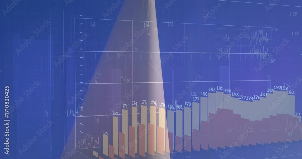 Poster visualizing 3d bar chart on blue screen, with overlaid line plot, curved surface, numeric labels