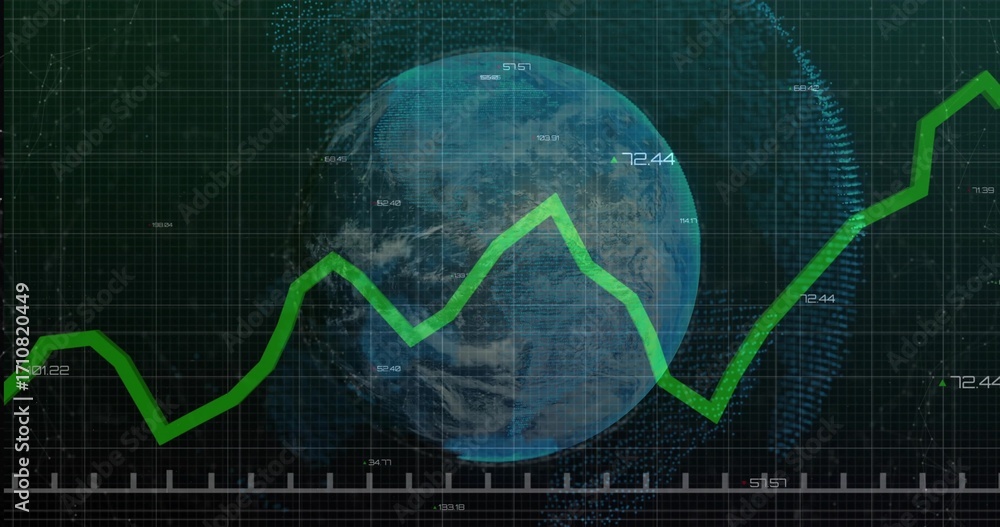 Poster displaying dashboard showing green zigzag graph crossing blue earth globe on dark grid, with labels