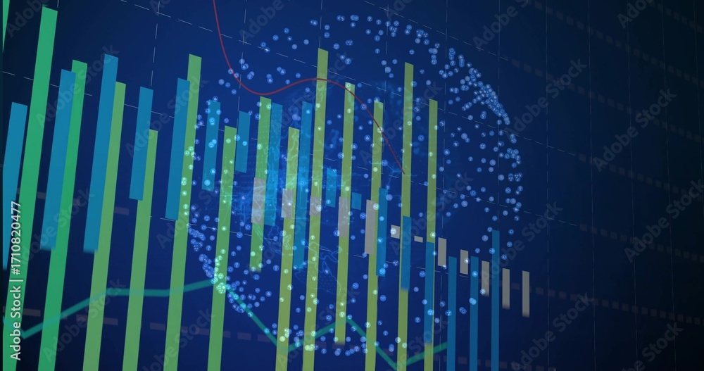Poster showing vertical bar charts with green and red line graphs at analytics dashboard, with dot globe